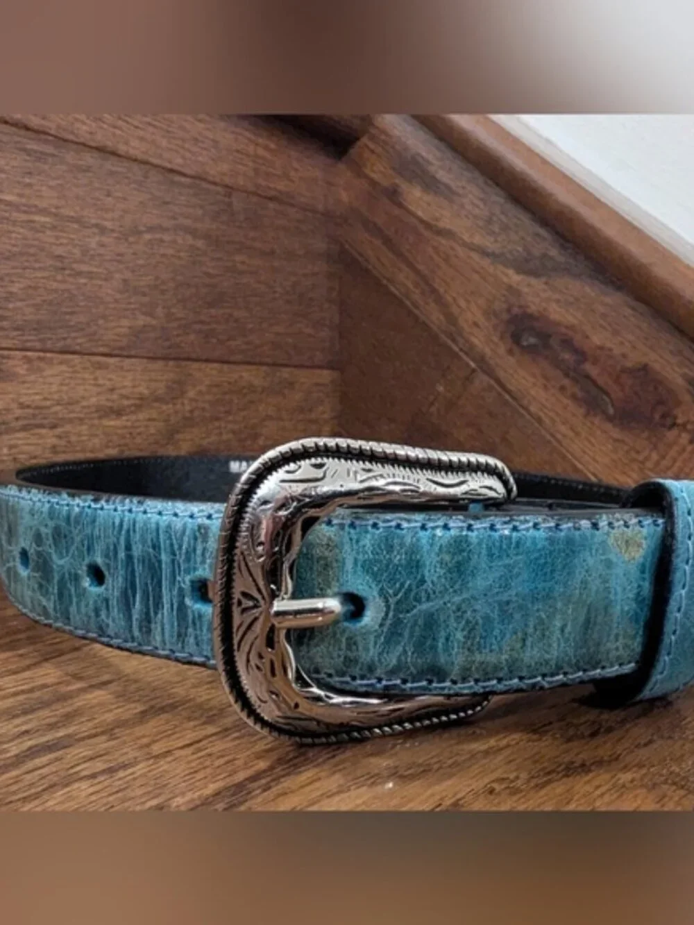 Western Belt Teal Leather, Silver Buckle White/Black Stitching & Gemstones Sz XS